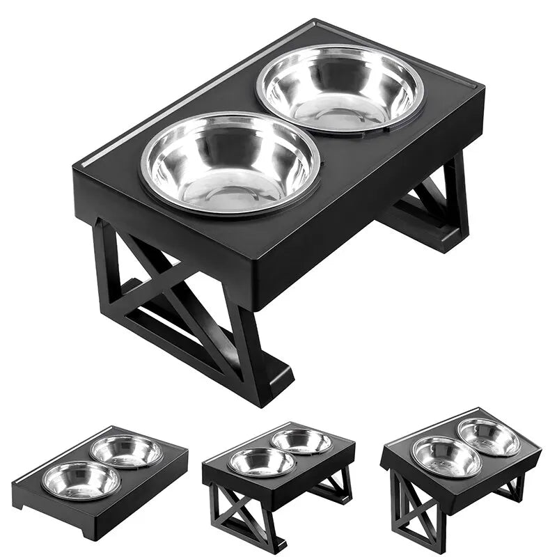 Adjustable Height Double Elevated Dog Bowls Two Stainless Bowls